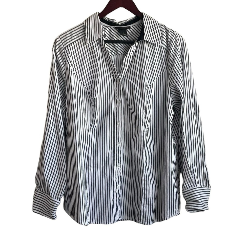 Lane Bryant Women Top 18 Black White Striped Stretch Button Up Office Workwear‎